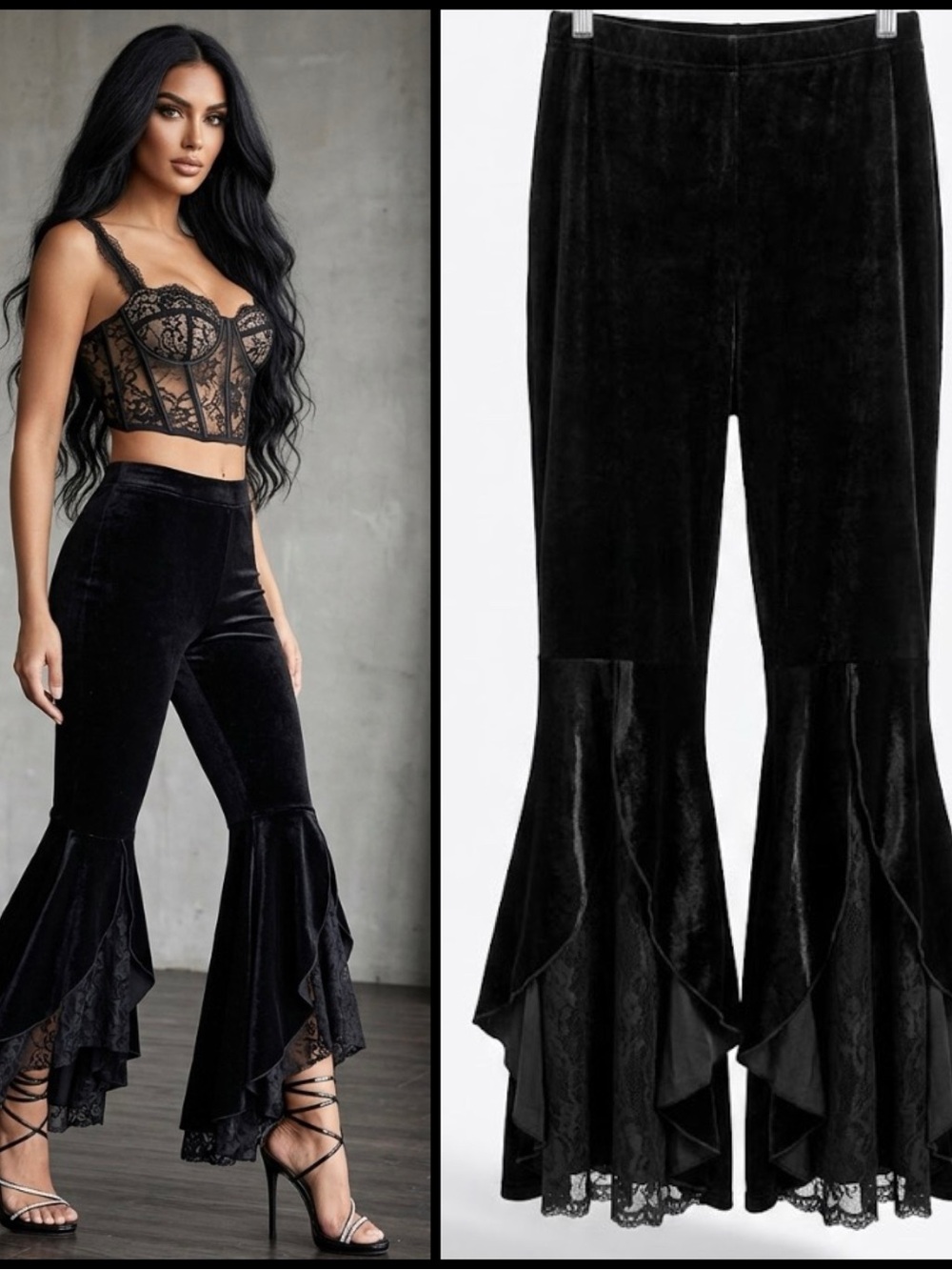 Black Velvet High Waist Lace Ruffle Hem Goth Flounce Pull On Whimsical 
 Pants L